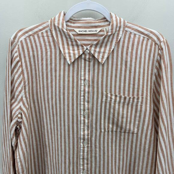 Rachel Hollis Ltd. Striped Burnt Sienna Linen Blend Button Front Blouse - Picture 3 of 7